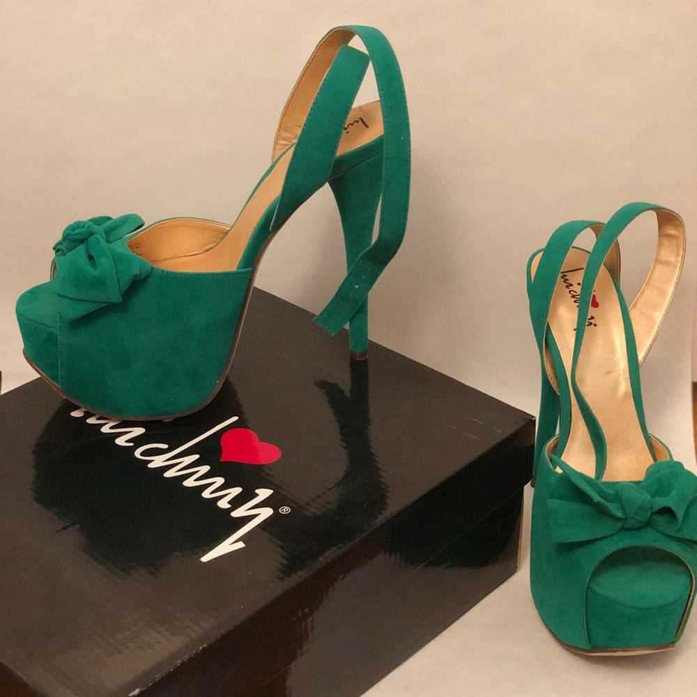 Green suede platform heels
